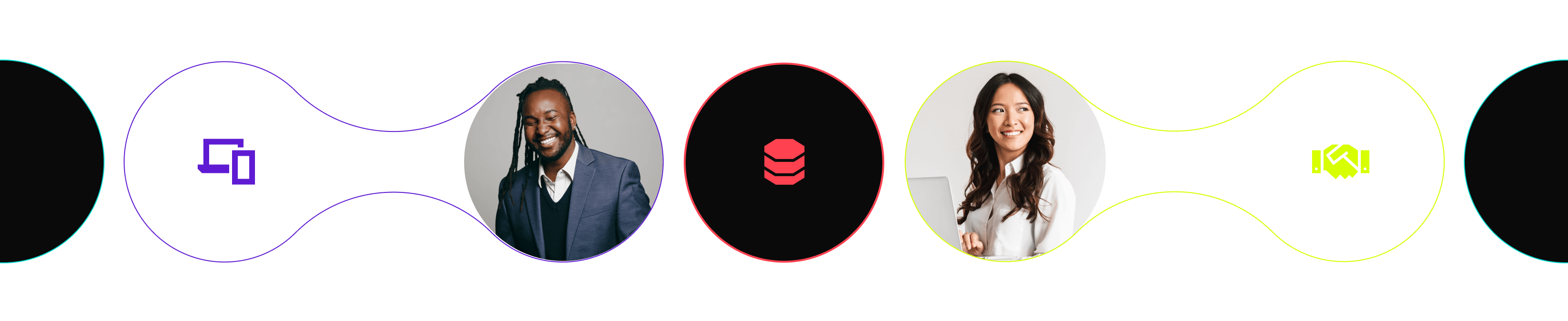 people smiling, purple and green icons, bubble graphic