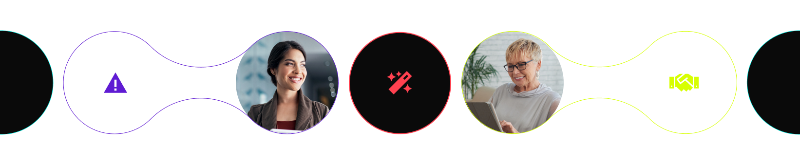 women smiling, purple red and green icons, abstract bubble graphic