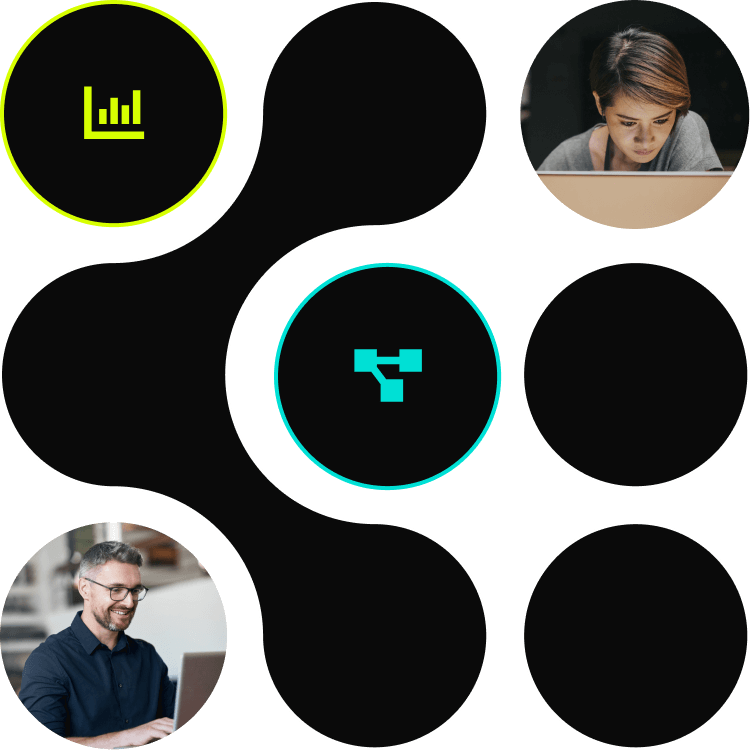 people on laptops, green and teal icons, abstract black bubble graphic