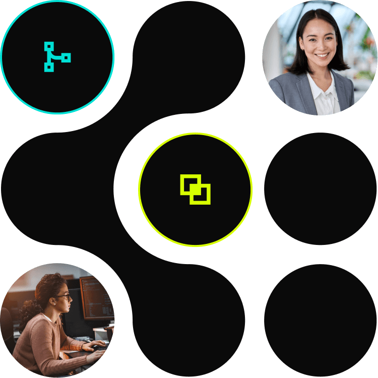 women smiling and working, green and teal icons, abstract black bubble graphic